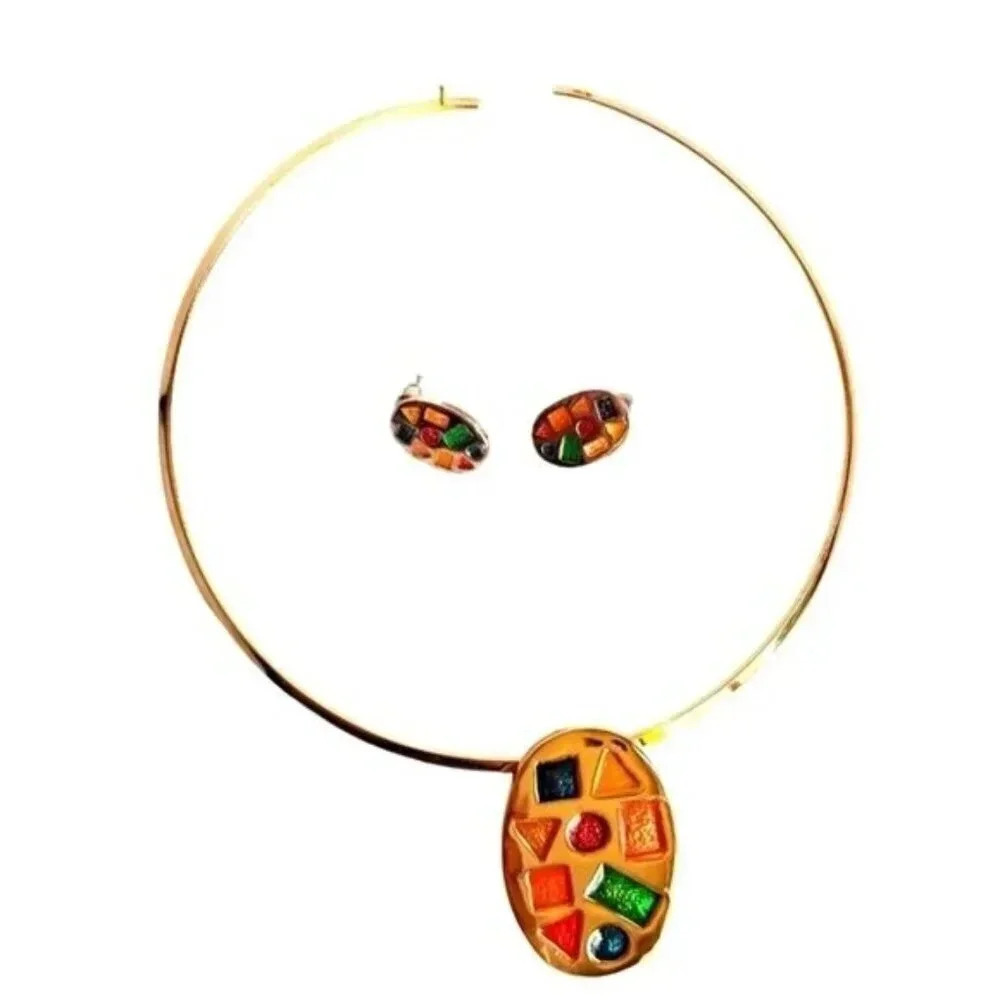 Vintage Colorful Harlequin Bracelet & Earrings Set Gold Tone Multicolor